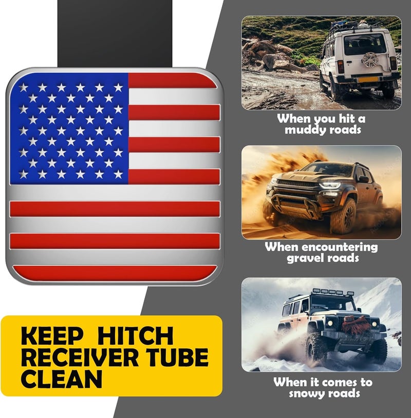 OGYE 2 Inch Trailer Hitch Cover with American Flag, Metal Trailer Hitch Cover Fit for 2 Inch Hitch Receivers Class 3 4 5, 2'' Rubber Hitch Tube Cover Plug Cap (Blue/Red/Chrome) - Image 4